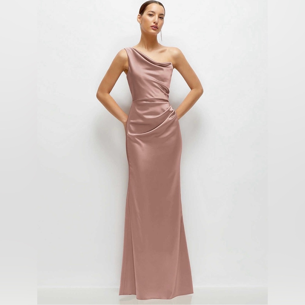 One shoulder cat eye neckline fit and flare satin maxi dress in neu nude